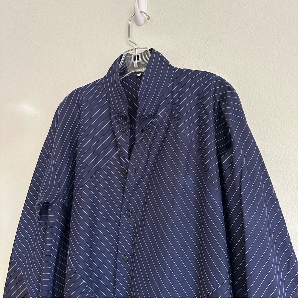 Eskandar Double Stand Collar Botton Shirt Navy Stripe Patchwork Cotton Luxury - Picture 2 of 13